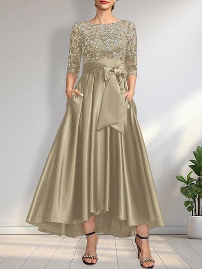 A-line Scoop Illusion Asymmetrical Satin Lace Mother of the Bride Dress With Bow