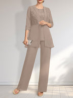 Jumpsuit/Pantsuit Separates Scoop Floor-Length Chiffon Lace Mother of the Bride Dress With Sequins