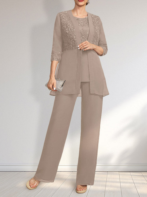 Jumpsuit/Pantsuit Separates Scoop Floor-Length Chiffon Lace Mother of the Bride Dress With Sequins