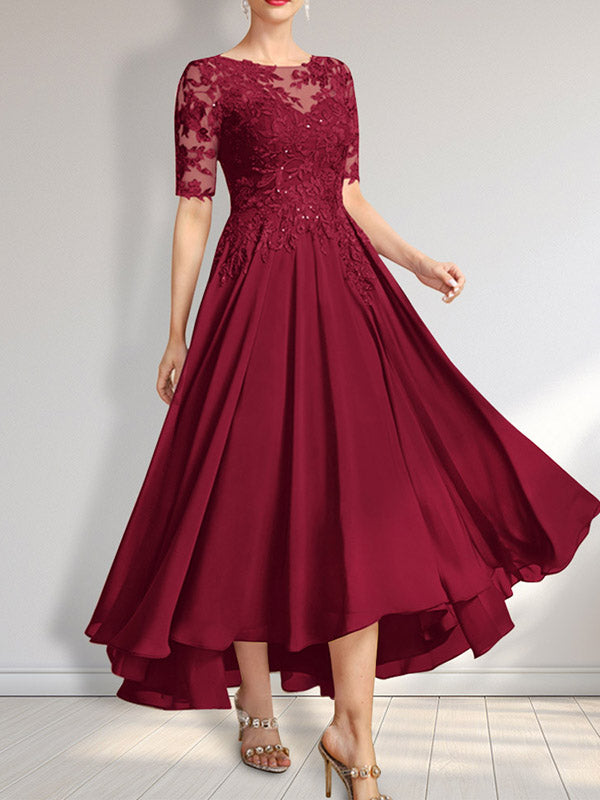 Vestido de madre de la novia de gasa asimétrica con encaje, ilusión, corte A y lentejuelas
