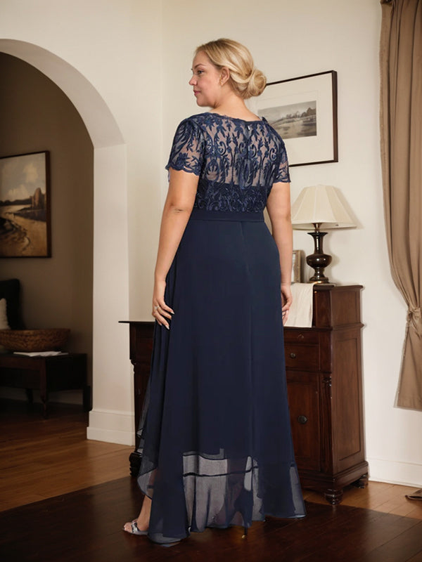 Vestido de madre de la novia de gasa asimétrica con escote en A, ilusión, encaje, lazo, volante y lentejuelas
