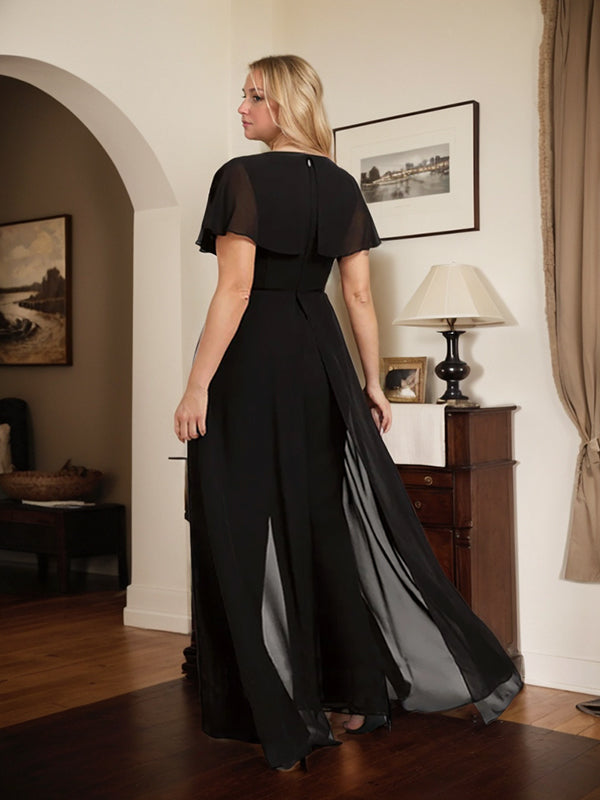 Vestido de noche de gasa con escote en V y largo hasta el suelo, tipo mono/pantalón