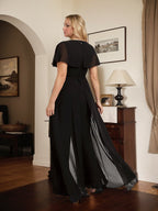 Vestido de noche de gasa con escote en V y largo hasta el suelo, tipo mono/pantalón