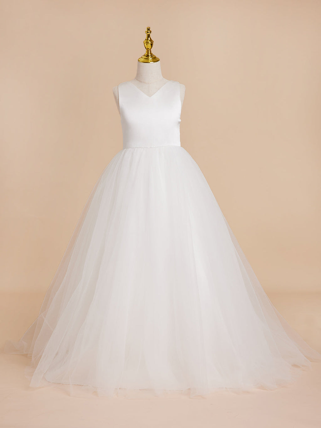 Klassisches weißes ärmelloses A-Linien-Blumenmädchenkleid aus Satin und Tüll 