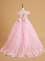 Vestido de fiesta/princesa de encaje con cola larga, color rosa, para cumpleaños
