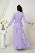 Vestidos de noche Sunnderly con escote en V profundo, gasa, para dama de honor, manga larga de obispo, abertura lateral, vestido formal SY2806 