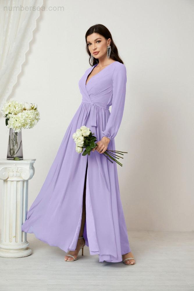 Vestidos de noche Sunnderly con escote en V profundo, gasa, para dama de honor, manga larga de obispo, abertura lateral, vestido formal SY2806 
