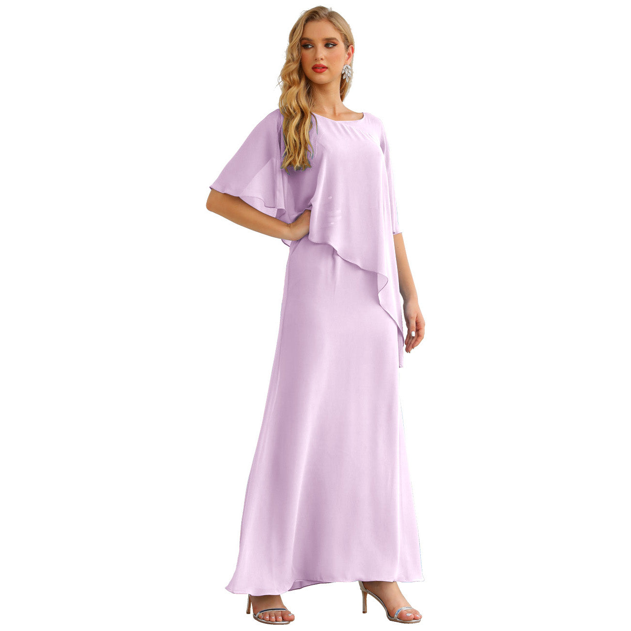 Sunnderly Chiffon Plus Size Mother of The Bride Dresses Formal Prom Gown Ruffle Cape