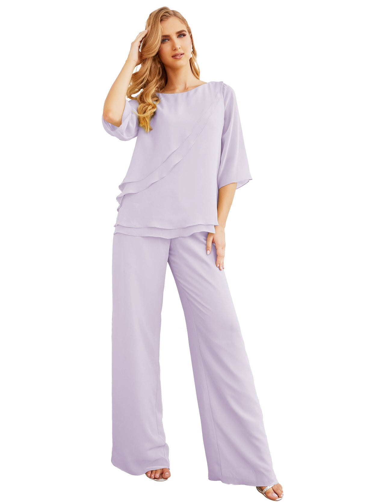 Elegante vestido de dos piezas para madre de la novia, talla grande, pantalón, capas con volantes, bata plateada SY28064 
