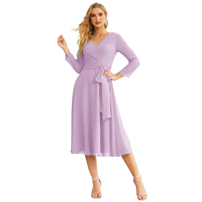 Sunnderly Chiffon Bridesmaid Dress V-Back Waist Belt Formal Prom Gown Mother of The Bride Wedding Guest