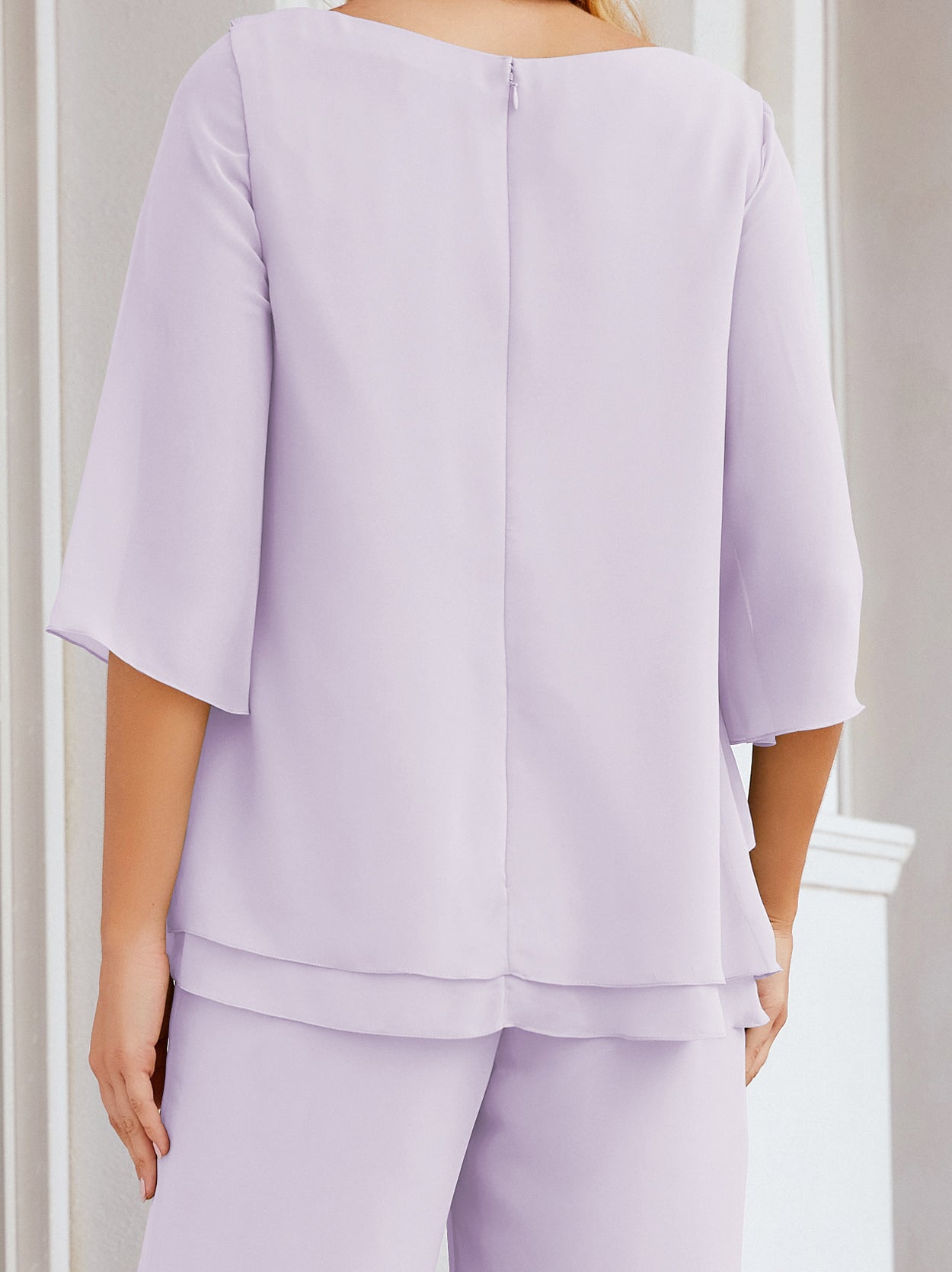 Elegante vestido de dos piezas para madre de la novia, talla grande, pantalón, capas con volantes, bata plateada SY28064 