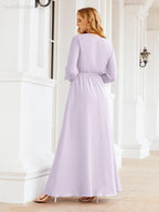 Sunnderly Women's Chiffon Bridesmaid Dress A line Long Sleeves Formal Evening Prom Gown for Wedding Guest SY28032