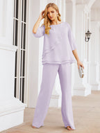 Elegante vestido de dos piezas para madre de la novia, talla grande, pantalón, capas con volantes, bata plateada SY28064 