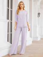 Elegante vestido de dos piezas para madre de la novia, talla grande, pantalón, capas con volantes, bata plateada SY28064 