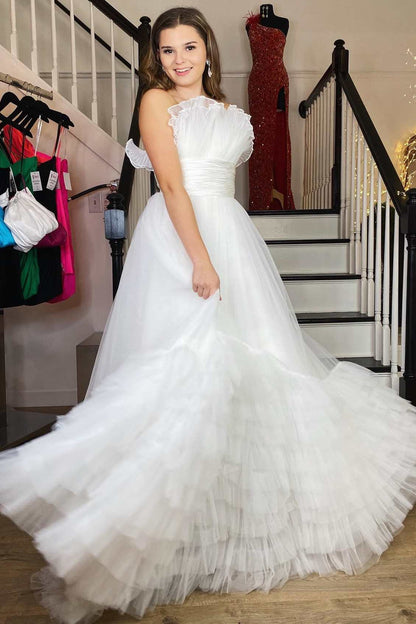 Alani | A-Linien-Ballkleid aus trägerlosem, rosafarbenem, gestuftem Tüll
