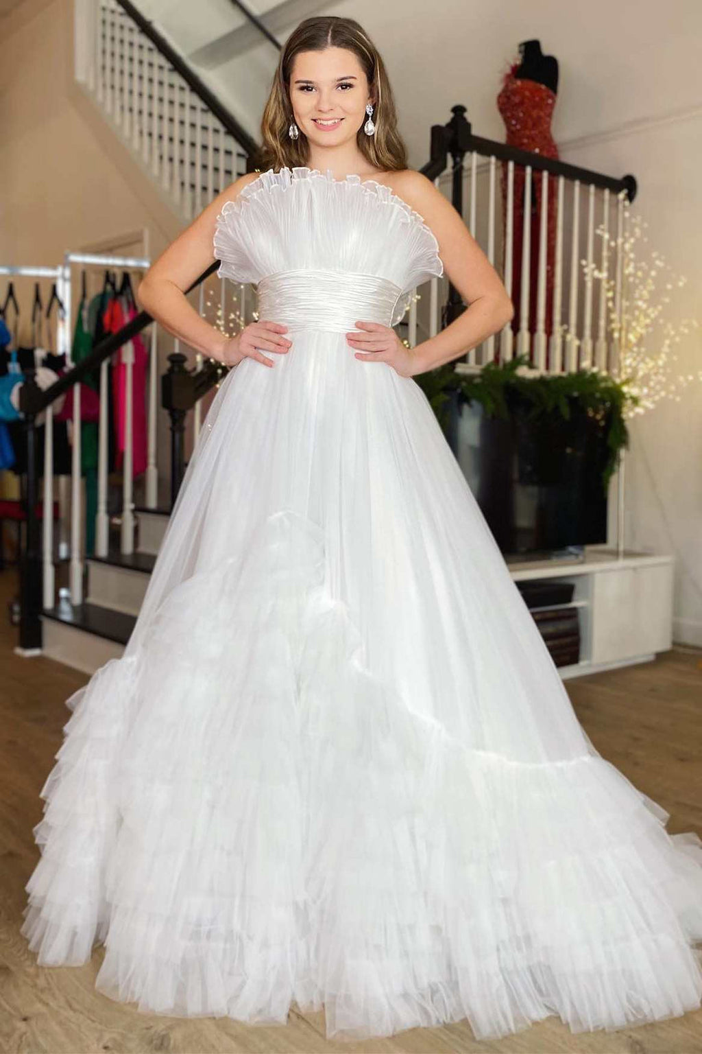 A-Line Strapless Pink Tiered Long Tulle Prom Dress