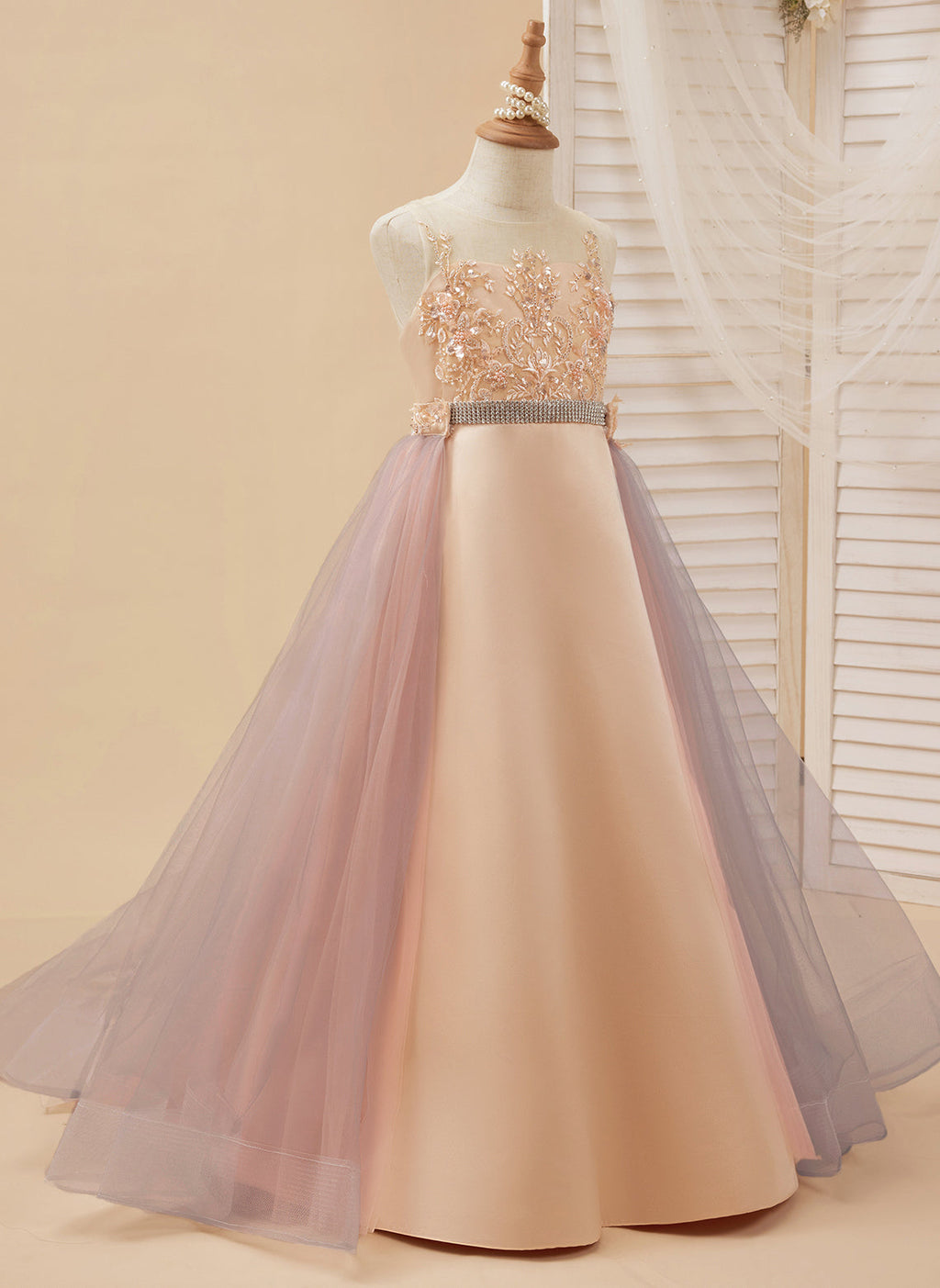 A-Linie Satin Tüll Sweep/Pinsel zug Champagner Kleid (010226776) 