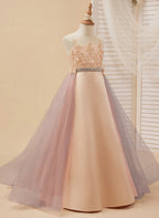 A-Linie Satin Tüll Sweep/Pinsel zug Champagner Kleid (010226776) 