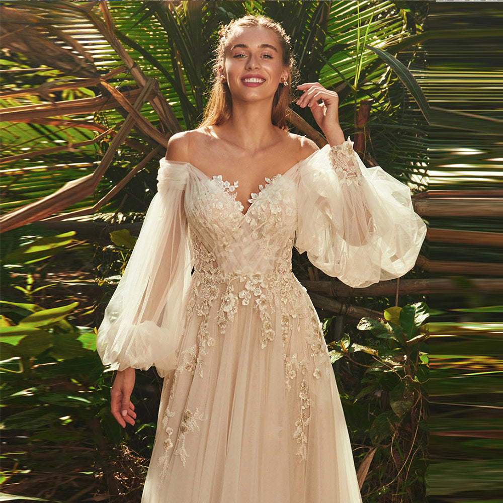 Elegant Sweetheart Neck Puff Long Sleeves Wedding Dress For Women 2023 Backless Tulle Bridal Gown Classic Robe De Mariée-payinti