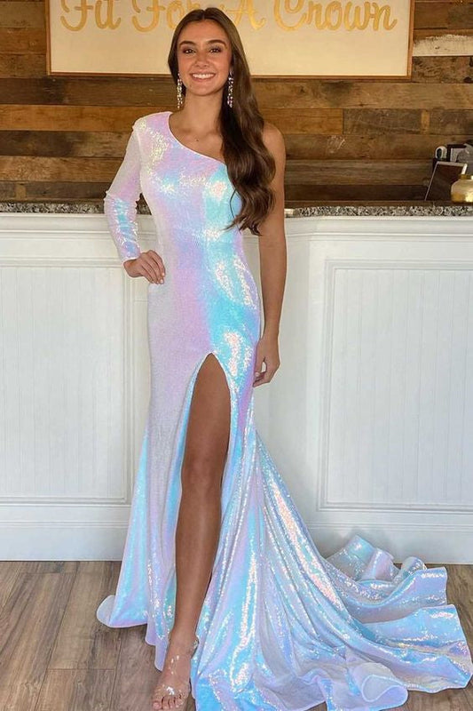 Atemberaubendes Meerjungfrau-Ballkleid mit einer Schulter und langen Ärmeln