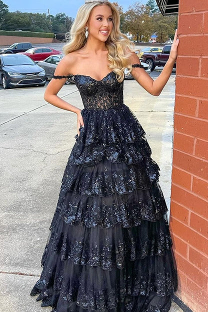 Leona | Vestido de fiesta de princesa con hombros descubiertos y encaje con lentejuelas