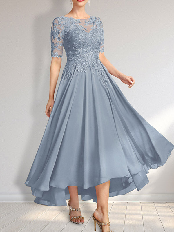 Vestido de madre de la novia de gasa asimétrica con encaje, ilusión, corte A y lentejuelas