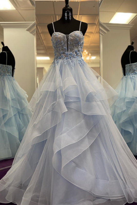 Kanal | Hellblaues A-Linien-Ballkleid mit Trägern und Blumenmuster
