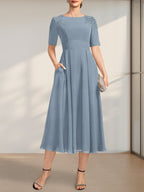 Vestido de gasa para madre de la novia, corte A, escote redondo, largo hasta la rodilla, con apliques de encaje y lentejuelas
