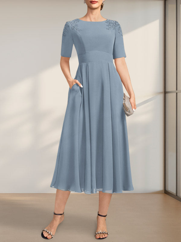 Vestido de gasa para madre de la novia, corte A, escote redondo, largo hasta la rodilla, con apliques de encaje y lentejuelas