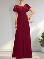 A-line Asymmetrical Illusion Floor-Length Lace Chiffon Mother of the Bride Dress With Cascading Ruffles Sequins