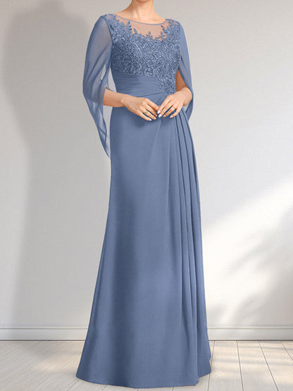 Vestido de gasa con encaje, ilusión, corte A, largo hasta el suelo, para madre de la novia con lentejuelas plisadas