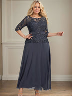 Vestido de gasa con encaje y escote en A, ilusión, largo hasta los tobillos, para madre de la novia con cuentas de diamantes de imitación