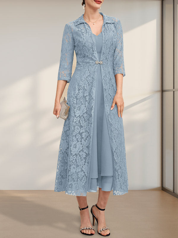 A-Linie V-Ausschnitt Wadenlanges Chiffonkleid für die Brautmutter