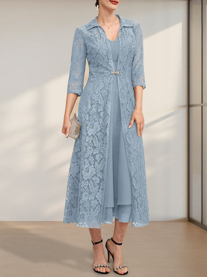 A-Linie V-Ausschnitt Wadenlanges Chiffonkleid für die Brautmutter