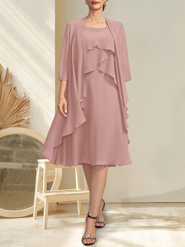 Vestido de gasa para madre de la novia con escote en A y escote redondo hasta la rodilla con cuentas