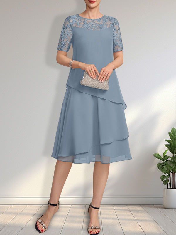 Vestido de gasa con encaje y lentejuelas para madre de la novia, corte A, escote ilusión, largo hasta la rodilla
