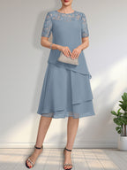 Vestido de gasa con encaje y lentejuelas para madre de la novia, corte A, escote ilusión, largo hasta la rodilla