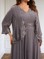 Vestido de gasa para madre de la novia, corte A, escote en V, largo hasta los tobillos, con apliques de lentejuelas, encaje y cuentas