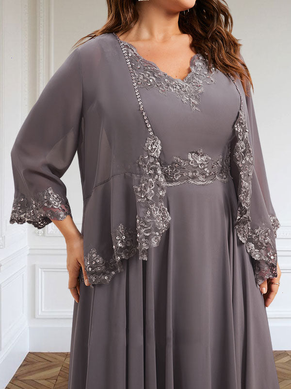Vestido de gasa para madre de la novia, corte A, escote en V, largo hasta los tobillos, con apliques de lentejuelas, encaje y cuentas