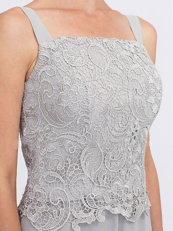 3-teiliger Chiffon-Hosenanzug mit quadratischem Ausschnitt und Jacke für die Mutter der Braut 