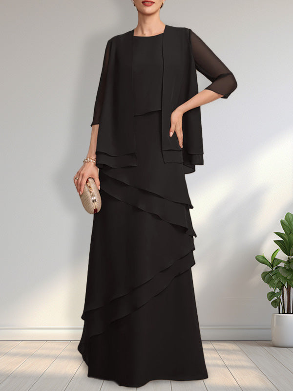 Vestido de gasa para madre de la novia con escote redondo y largo hasta el suelo