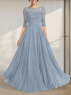 Vestido de gasa de encaje con escote en A y ilusión hasta el suelo para madre de la novia con lentejuelas plisadas