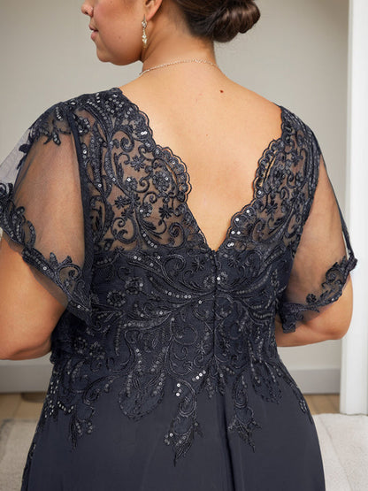 A-Linie V-Ausschnitt Bodenlanges Spitzenchiffonkleid für die Brautmutter mit Pailletten 