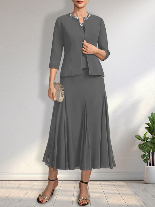 Vestido de gasa para madre de la novia con escote en A, largo hasta la rodilla, con lentejuelas y abalorios.