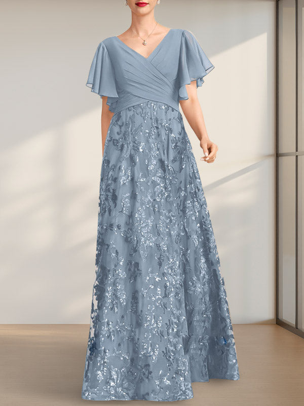 A-Linie V-Ausschnitt Bodenlang Spitze Pailletten Chiffon Mutter der Braut Kleid Mit Plissee