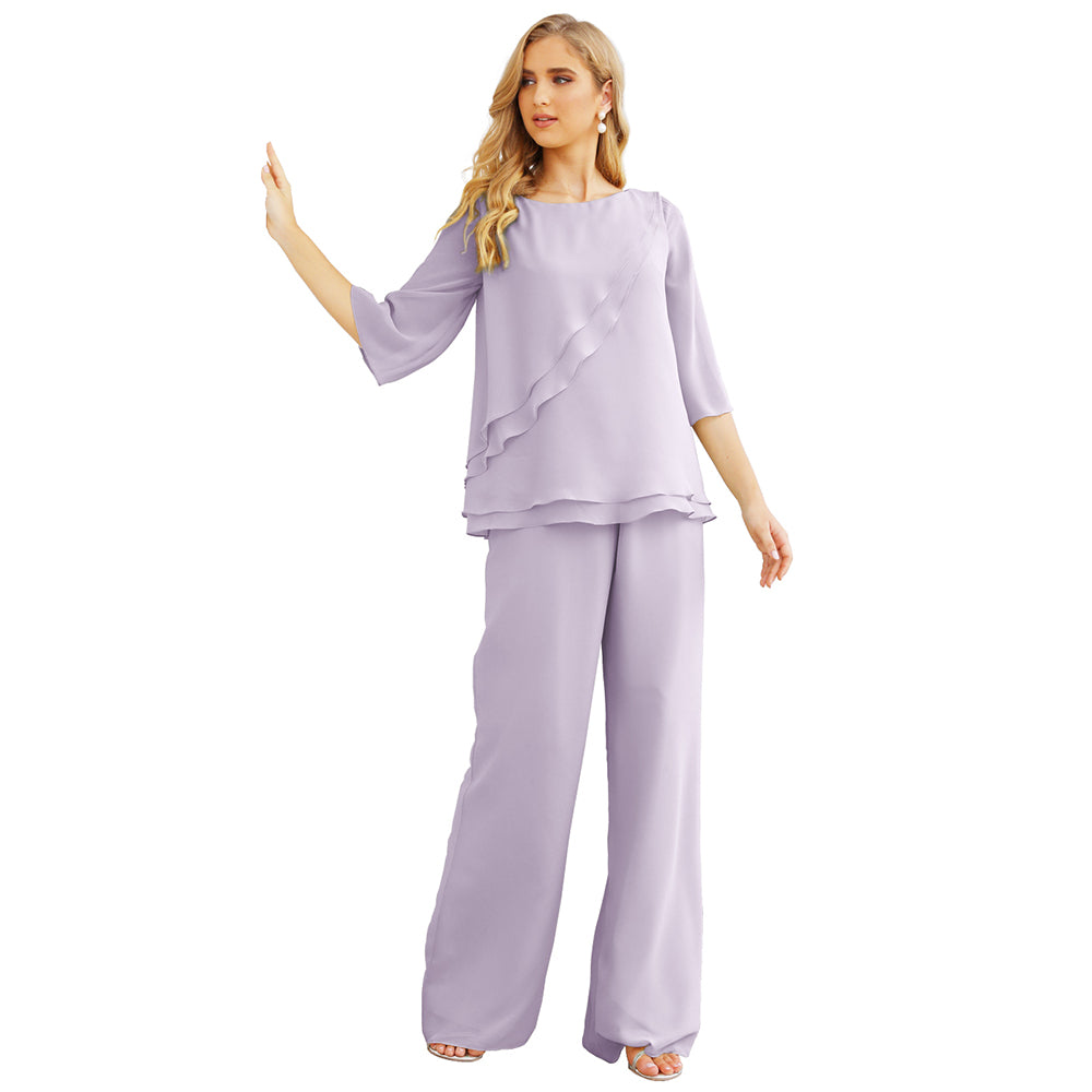 Sunnderly Chiffon Mother of The Bride Dress Plus Size Pant Suits Ruffle Layers