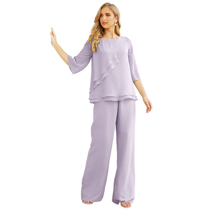 Sunnderly Chiffon Mother of The Bride Dress Plus Size Pant Suits Ruffle Layers