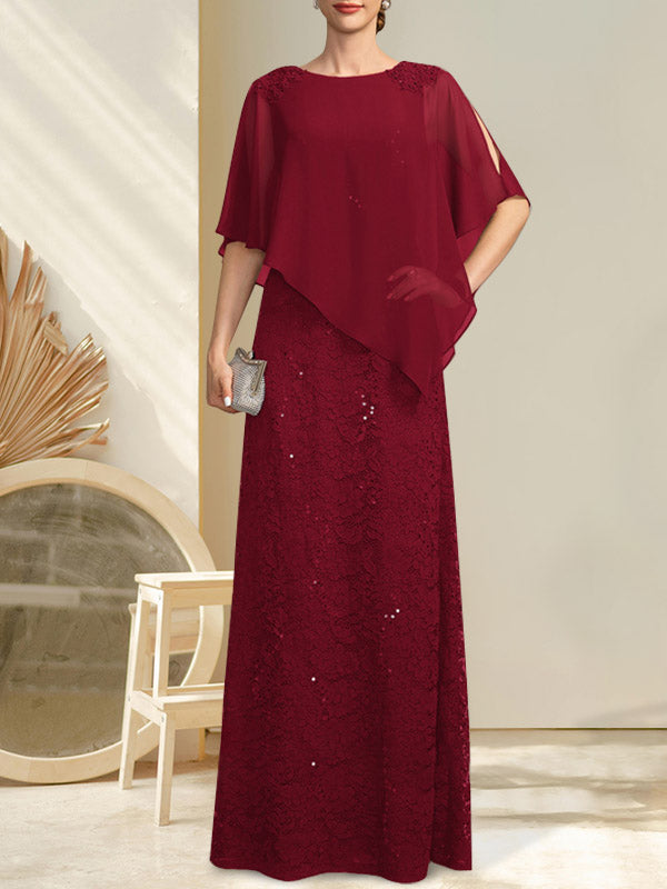 Vestido de madre de la novia de gasa con encaje, escote redondo y largo hasta el suelo, con lentejuelas y abalorios