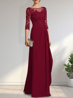 Vestido de gasa para madre de la novia con encaje, corte A, escote redondo, ilusión, largo hasta el suelo, con lentejuelas y abalorios y volantes en cascada