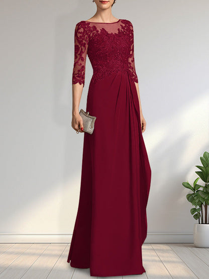 Vestido de gasa para madre de la novia con encaje, corte A, escote redondo, ilusión, largo hasta el suelo, con lentejuelas y abalorios y volantes en cascada